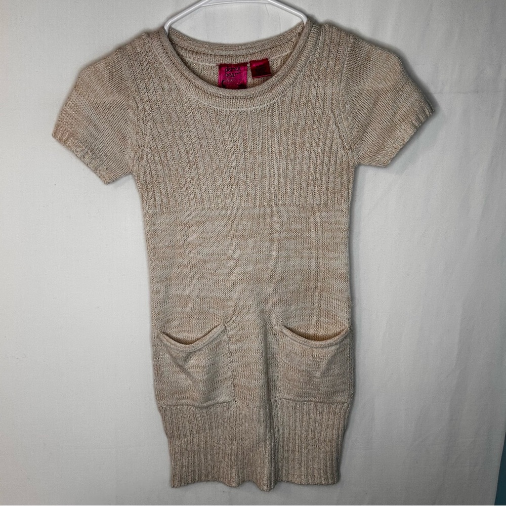 Derek Heart Cream Knit Short Sleeve Girl’s Sweater Dress Front Pockets M-/10-12